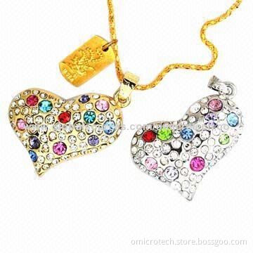 Jewelry/Crystal Diamond USB Flash Disks in Heart Shape, 1 to 64GB Capacity, High-speed